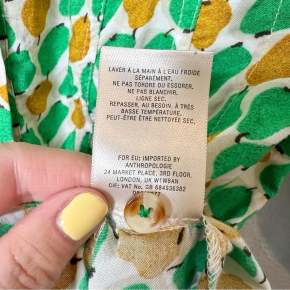 Anthropologie Conversations Pear Print Women’s Summer Button Front Shirt Sz 0 - Picture 8 of 12